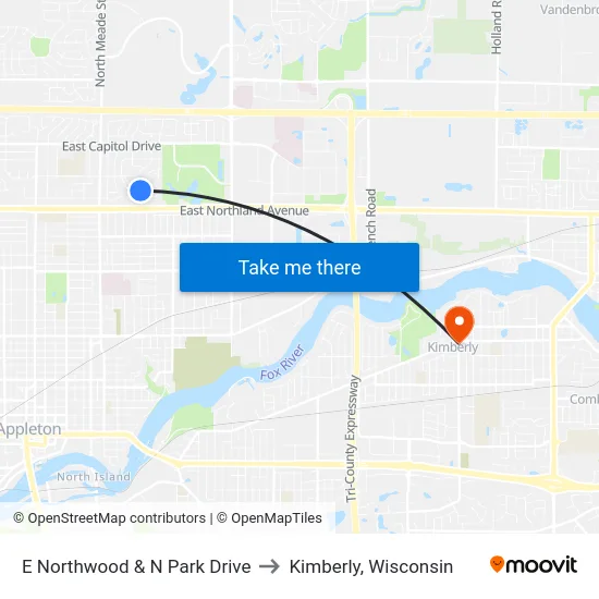 E Northwood & N Park Drive to Kimberly, Wisconsin map