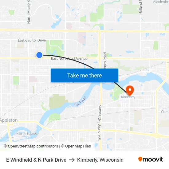 E Windfield & N Park Drive to Kimberly, Wisconsin map