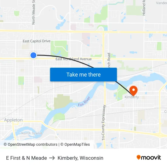 E First & N Meade to Kimberly, Wisconsin map