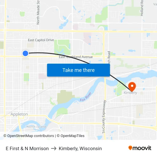 E First & N Morrison to Kimberly, Wisconsin map
