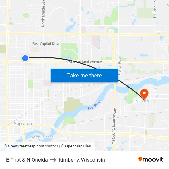 E First & N Oneida to Kimberly, Wisconsin map
