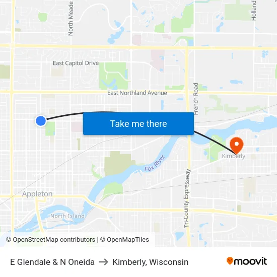 E Glendale & N Oneida to Kimberly, Wisconsin map