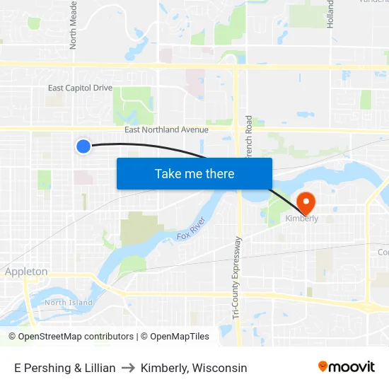 E Pershing & Lillian to Kimberly, Wisconsin map