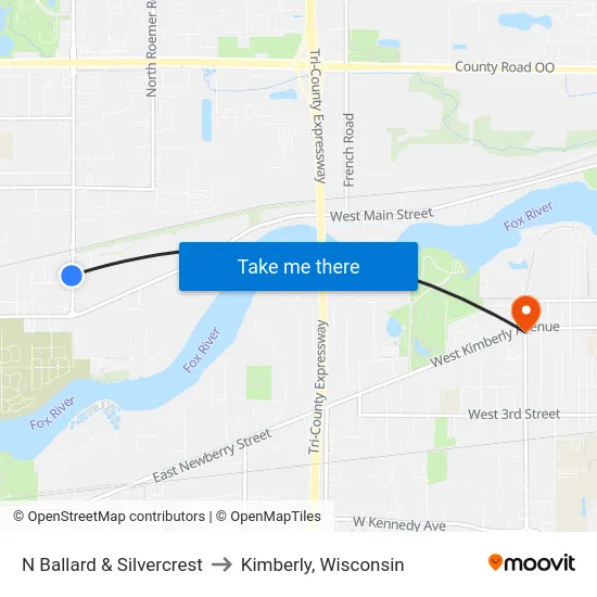 N Ballard & Silvercrest to Kimberly, Wisconsin map