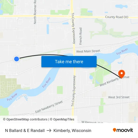 N Ballard & E  Randall to Kimberly, Wisconsin map