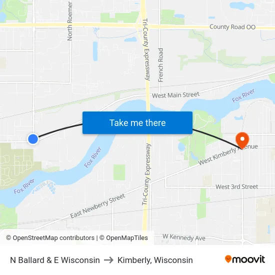 N Ballard & E Wisconsin to Kimberly, Wisconsin map