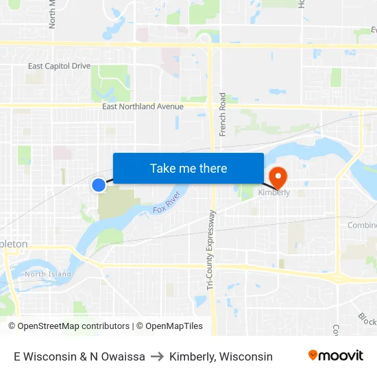 E Wisconsin & N Owaissa to Kimberly, Wisconsin map