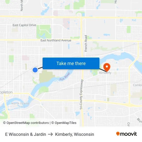 E Wisconsin & Jardin to Kimberly, Wisconsin map