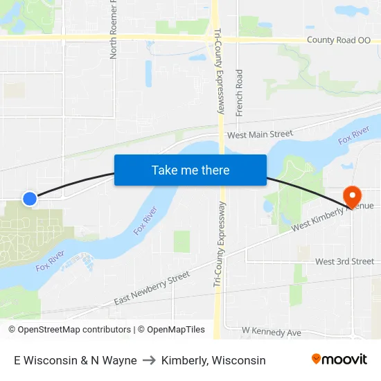 E Wisconsin & N Wayne to Kimberly, Wisconsin map