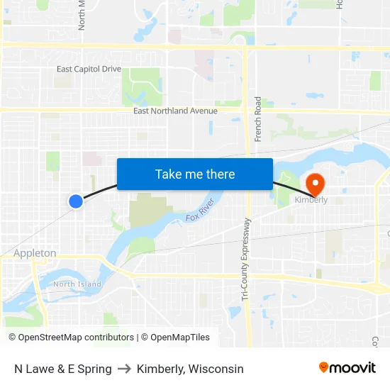 N Lawe & E Spring to Kimberly, Wisconsin map