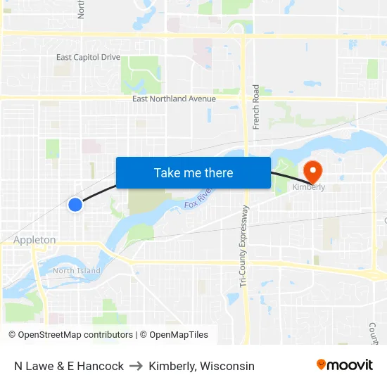 N Lawe & E Hancock to Kimberly, Wisconsin map