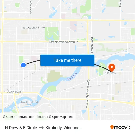 N Drew & E Circle to Kimberly, Wisconsin map