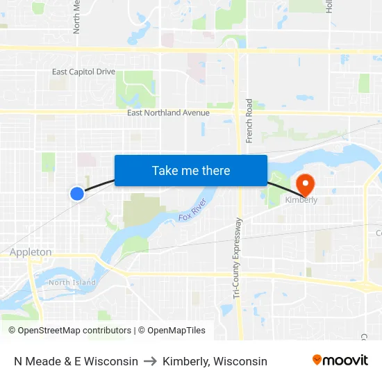 N Meade & E Wisconsin to Kimberly, Wisconsin map
