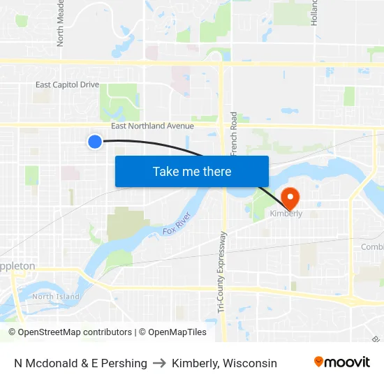 N Mcdonald & E Pershing to Kimberly, Wisconsin map