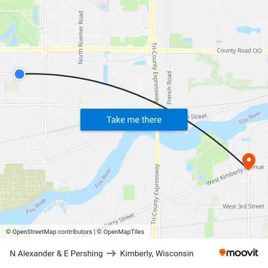 N Alexander & E Pershing to Kimberly, Wisconsin map