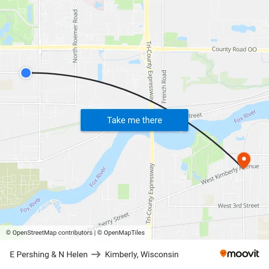 E Pershing & N Helen to Kimberly, Wisconsin map