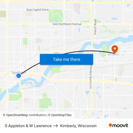 S Appleton & W Lawrence to Kimberly, Wisconsin map
