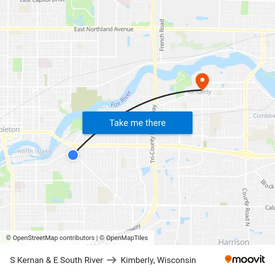 S Kernan & E South River to Kimberly, Wisconsin map