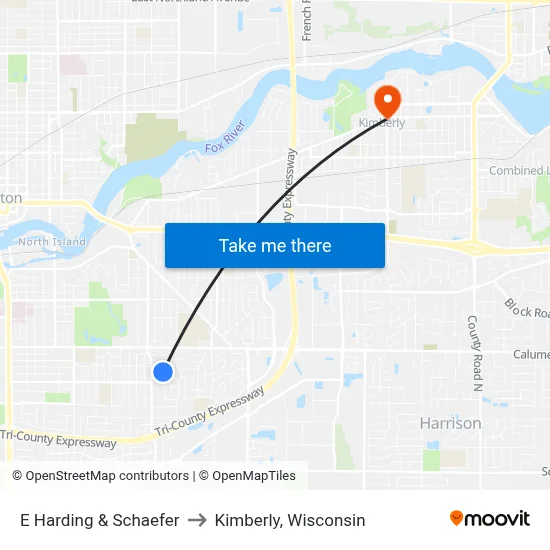 E Harding & Schaefer to Kimberly, Wisconsin map