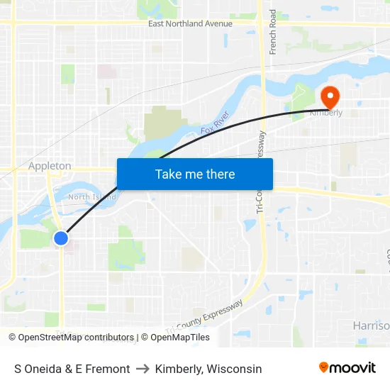 S Oneida & E Fremont to Kimberly, Wisconsin map