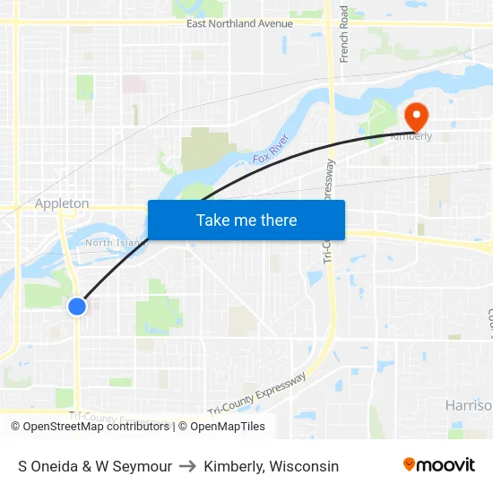 S Oneida & W Seymour to Kimberly, Wisconsin map