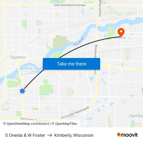S Oneida & W Foster to Kimberly, Wisconsin map