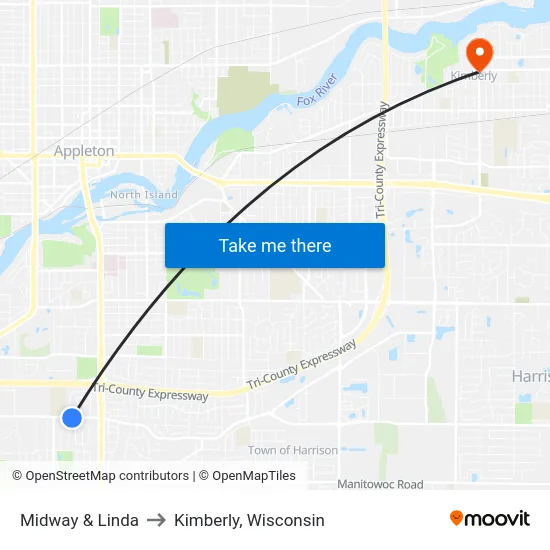 Midway & Linda to Kimberly, Wisconsin map