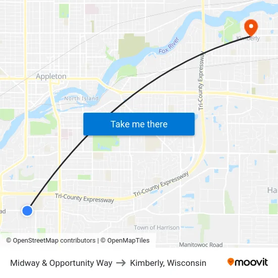 Midway & Opportunity Way to Kimberly, Wisconsin map