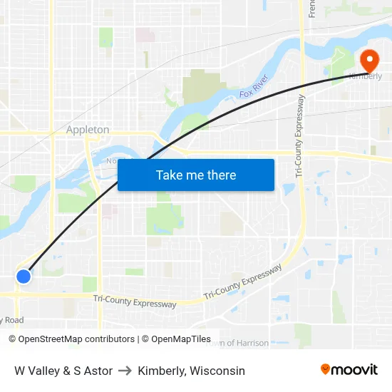 W Valley & S Astor to Kimberly, Wisconsin map