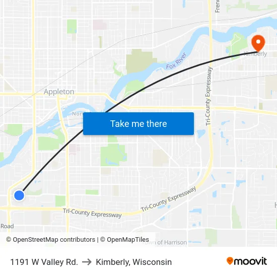 1191 W Valley Rd. to Kimberly, Wisconsin map