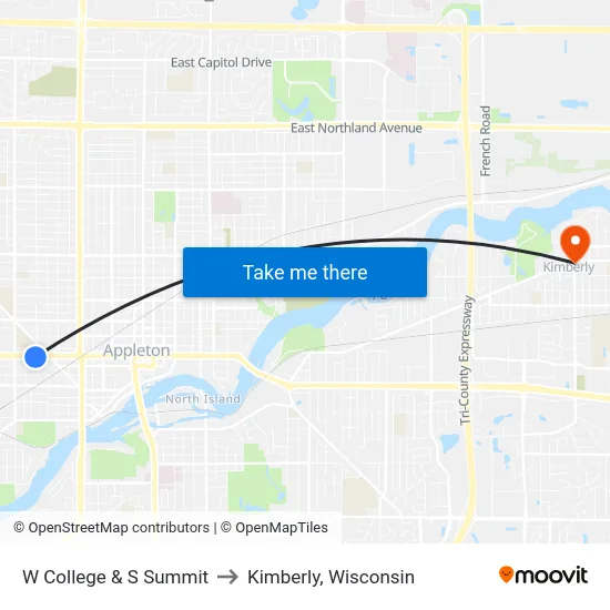W College & S Summit to Kimberly, Wisconsin map