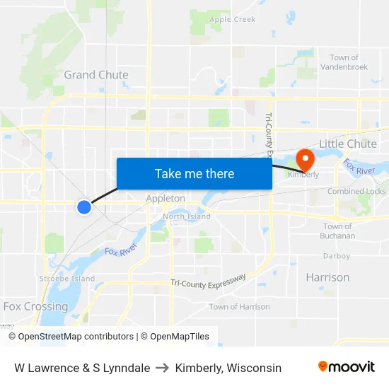 W Lawrence & S Lynndale to Kimberly, Wisconsin map