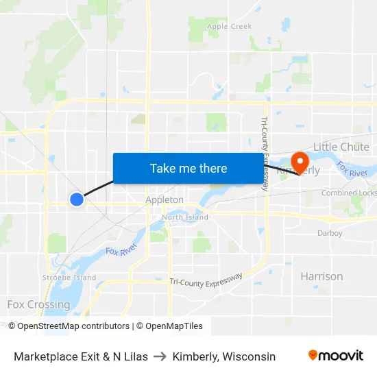 Marketplace Exit & N Lilas to Kimberly, Wisconsin map