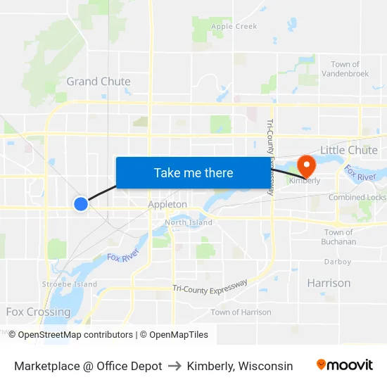 Marketplace @ Office Depot to Kimberly, Wisconsin map