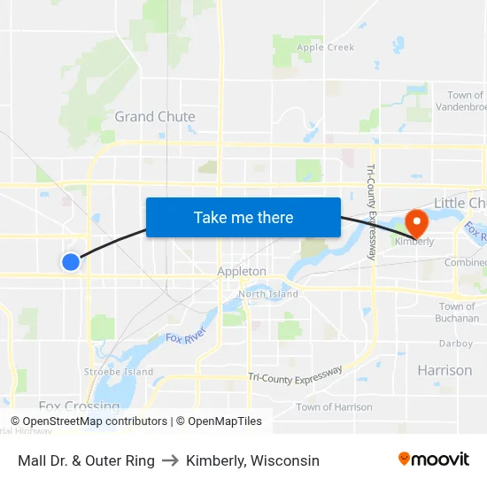 Mall Dr. & Outer Ring to Kimberly, Wisconsin map