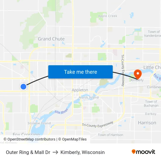 Outer Ring & Mall Dr to Kimberly, Wisconsin map