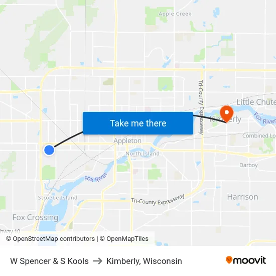 W Spencer & S Kools to Kimberly, Wisconsin map