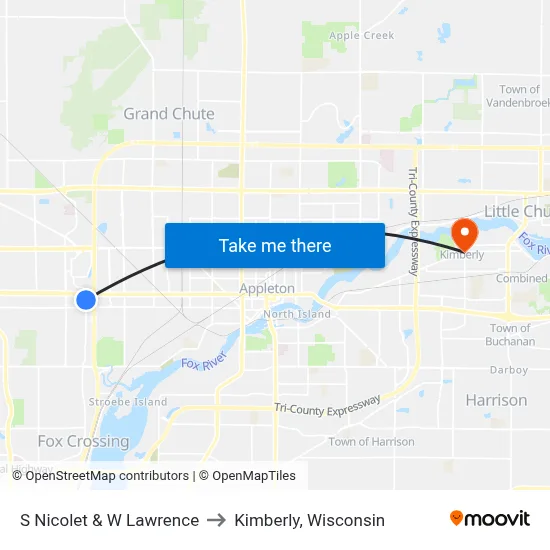 S Nicolet & W Lawrence to Kimberly, Wisconsin map