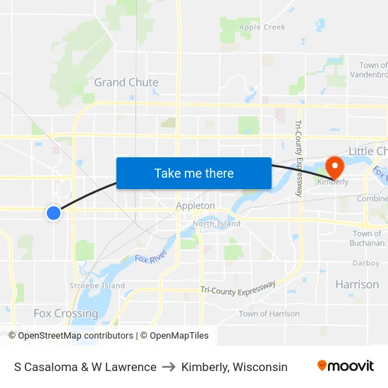 S Casaloma & W Lawrence to Kimberly, Wisconsin map