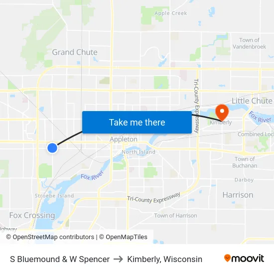 S Bluemound & W Spencer to Kimberly, Wisconsin map