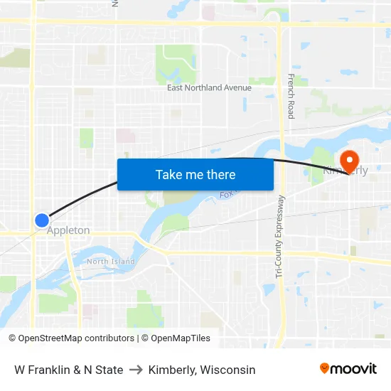 W Franklin & N State to Kimberly, Wisconsin map