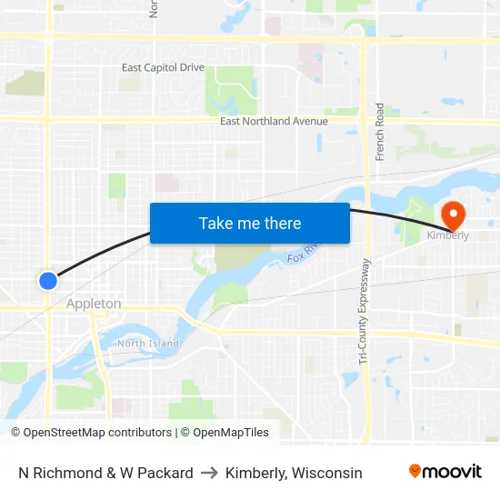 N Richmond & W Packard to Kimberly, Wisconsin map