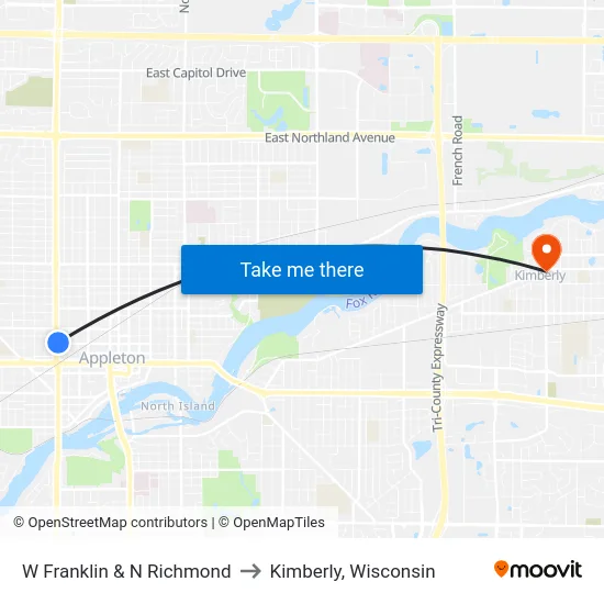 W Franklin & N Richmond to Kimberly, Wisconsin map
