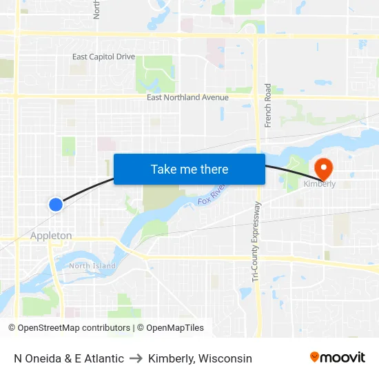 N Oneida &  E Atlantic to Kimberly, Wisconsin map