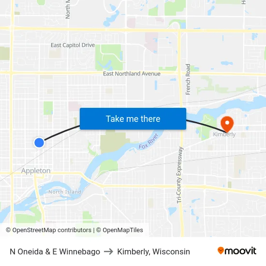 N Oneida & E Winnebago to Kimberly, Wisconsin map