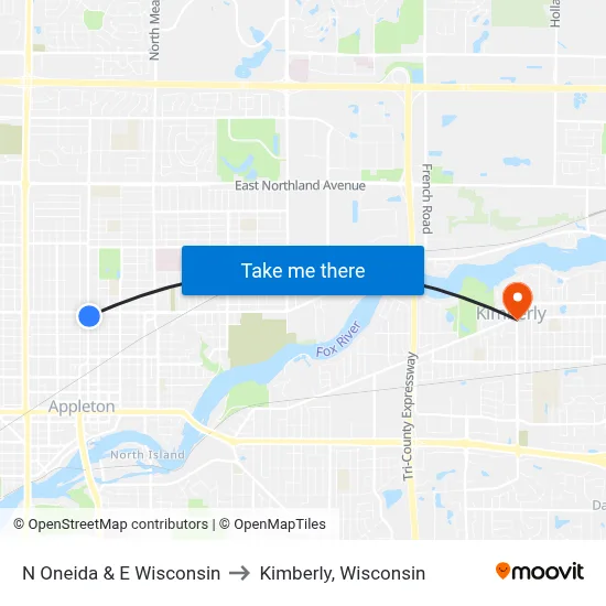 N Oneida & E Wisconsin to Kimberly, Wisconsin map