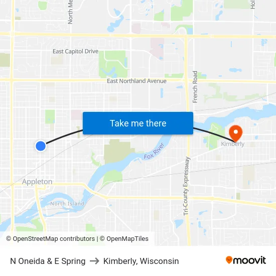 N Oneida & E Spring to Kimberly, Wisconsin map