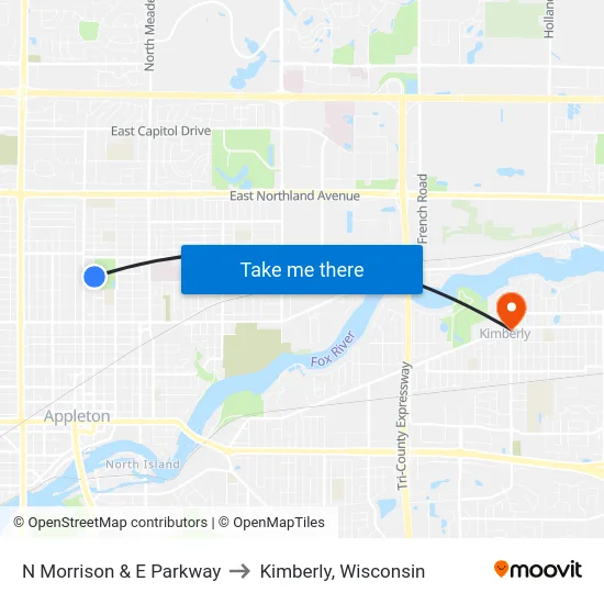 N Morrison & E Parkway to Kimberly, Wisconsin map