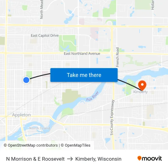 N Morrison & E Roosevelt to Kimberly, Wisconsin map