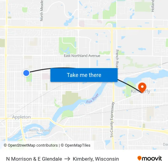 N Morrison &  E Glendale to Kimberly, Wisconsin map